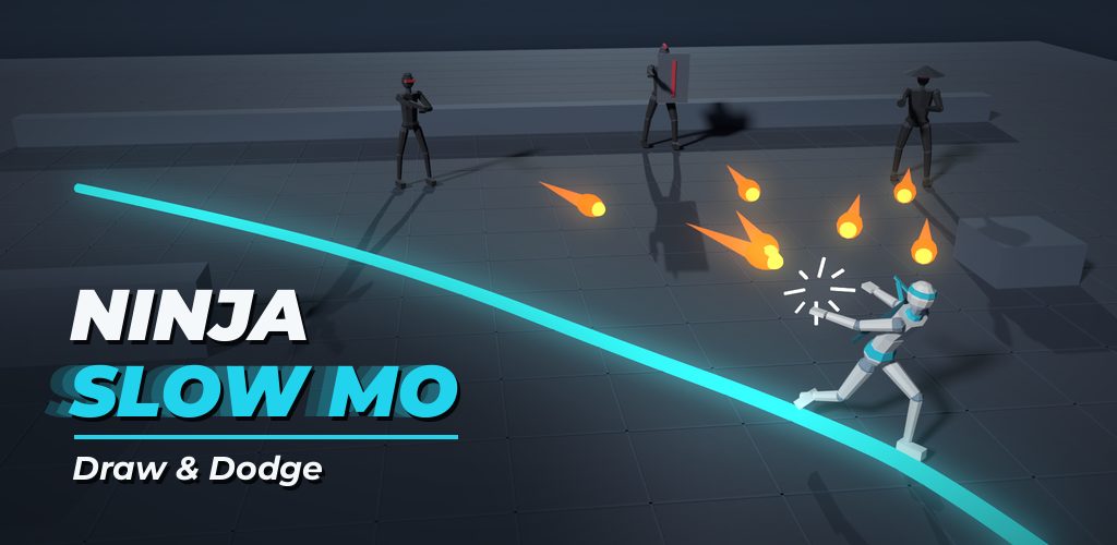 Ninja Slow Mo: Draw & Dodge: a ninja runs along a glowing cyan line past slow-motion bullets